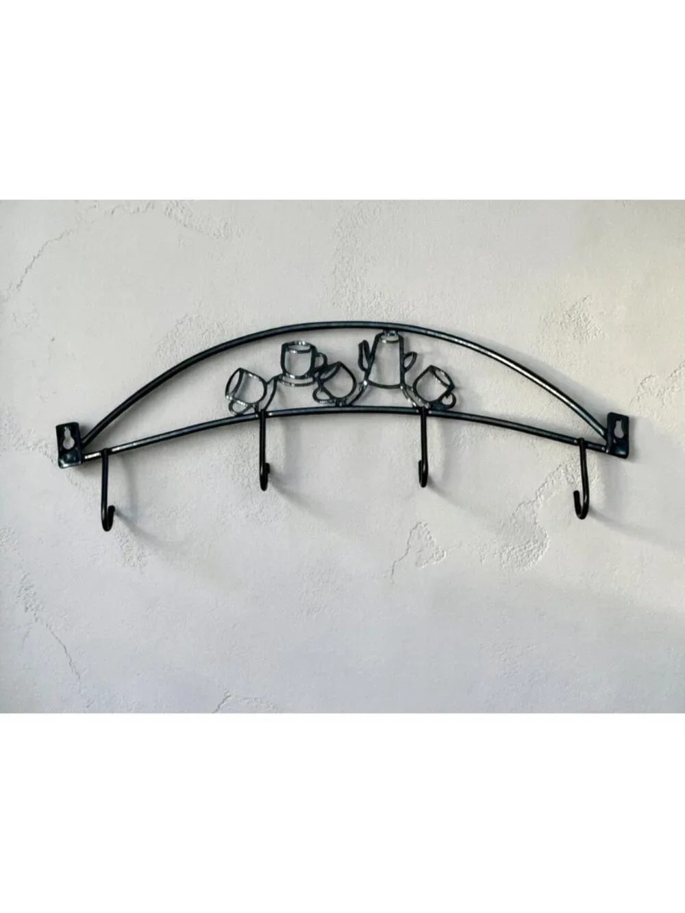 Black Metal Wall-Mounted Coffee-Themed Hook Rack With 4 Hooks